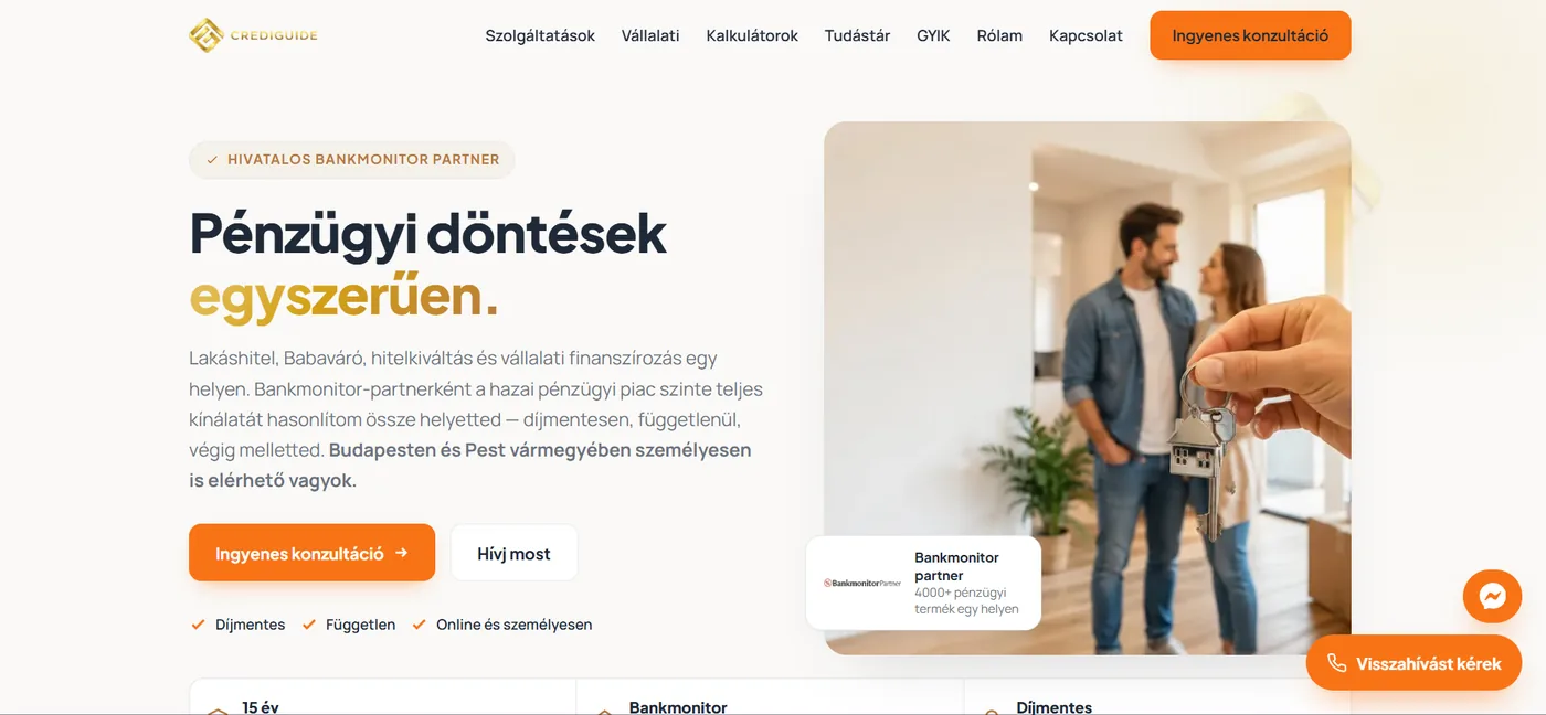 A CrediGuide pénzügyi közvetítő weboldal képernyőképe