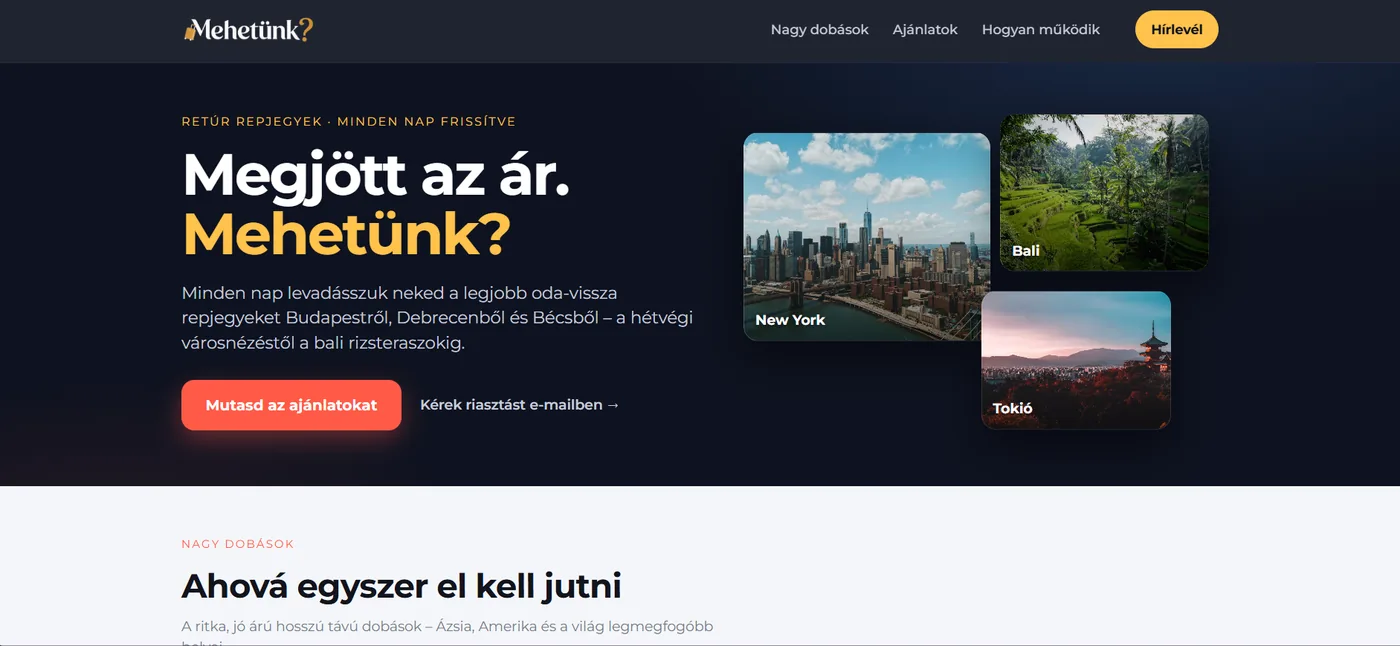 A Mehetünk? utazási deal-aggregátor weboldal képernyőképe