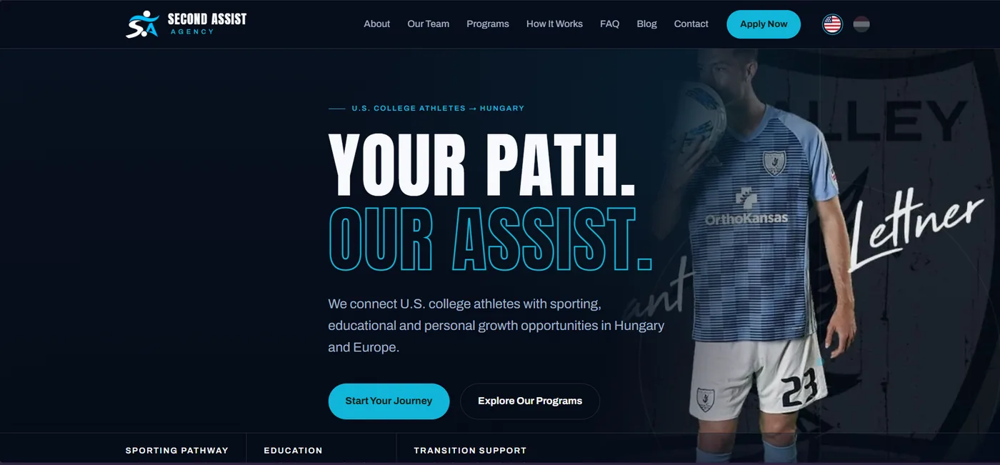 A Second Assist Agency sport-ösztöndíj ügynökség weboldal képernyőképe